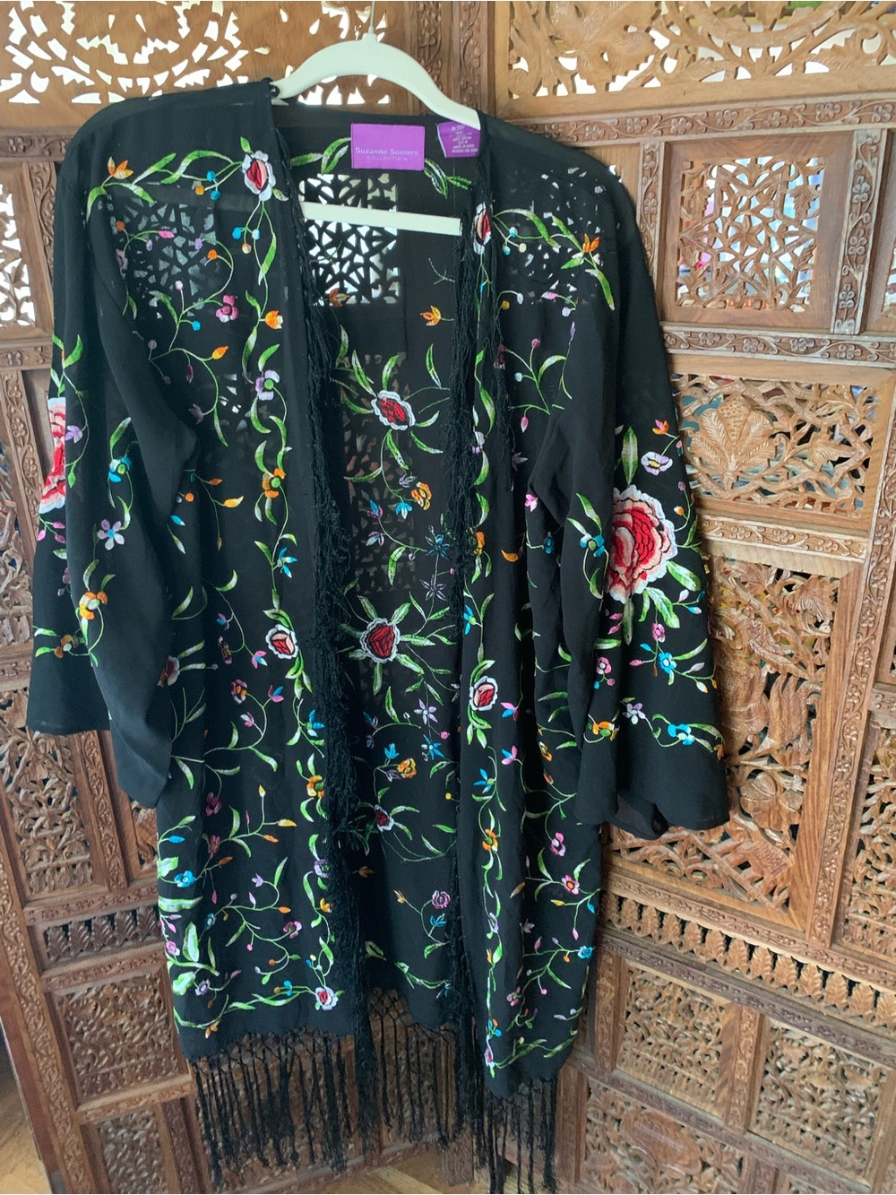 Suzanne Somers Black Floral Embroidered Duster